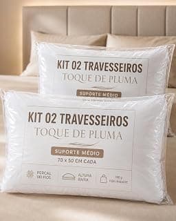 Kit 02 Travesseiros Toque de Pluma Pena Medio Percal 180 Fios com Algodão 70x50cm Antiestresse, Lavável, Antiácaro, Antialérgico